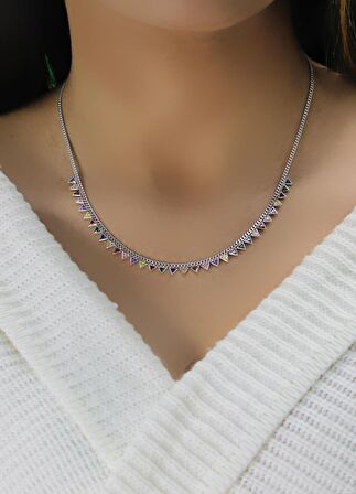 Gümüş rodyumlu renkli taşlı gurmet zincirli piramit kolye 