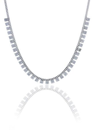 Gümüş rodyumlu zirkon taşlı gurmet zincirli kare kolye