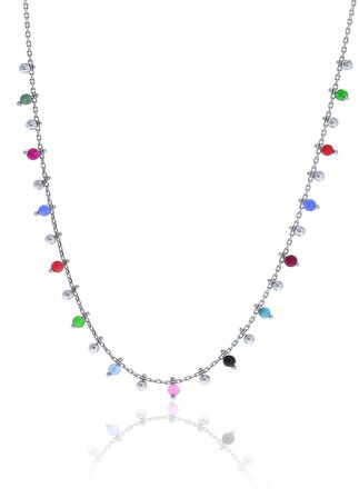 Gümüş rodyumlu doğal taşlı renk cümbüşü kolye