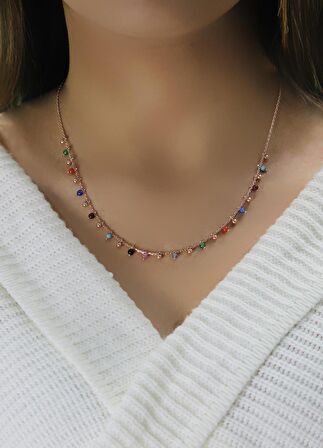 Gümüş rose doğal taşlı renk cümbüşü kolye