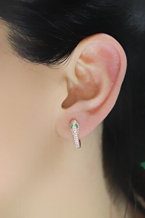 Gümüş rose yeşil  taşlı yılan halka küpe