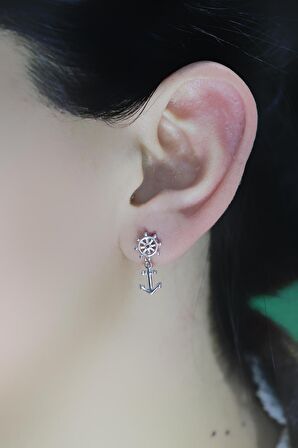 Gümüş rodyumlu gemi dümeni, çapa küpe