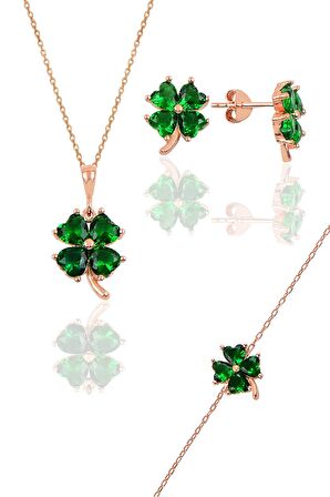 Gümüş rose zümrüt  renkli yonca modeli üçlü set