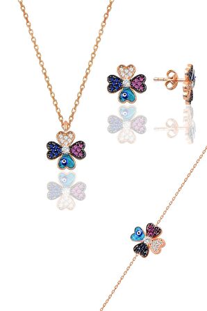 Gümüş rose mineli yonca modeli üçlü set
