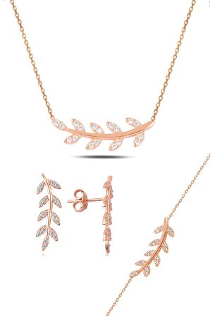 Gümüş rose zirkon taşlı yaprak  üçlü set