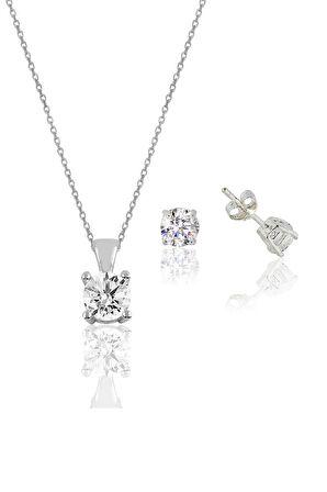 Gümüş rodyumlu tek taş kolye ve küpe gümüş set