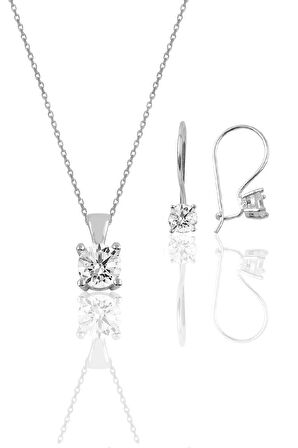 Gümüş rodyumlu tek taş kolye ve çengelli küpe gümüş set