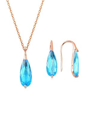 Gümüş rose  akuamarin taşlı damla kolye ve küpe ikili gümüş set