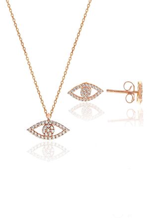 Gümüş rose zirkon taşlı göz kolye ve küpe gümüş ikili set