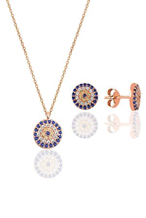 Gümüş rose zirkon taşlı nazar kolye ve küpe gümüş ikili set