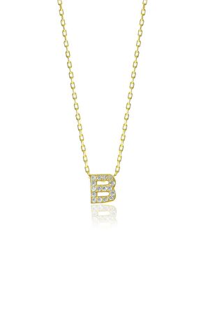 Gümüş  altın yaldızlı üç boyutlu minimal B gümüş harf kolye