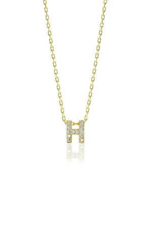 Gümüş  altın yaldızlı üç boyutlu minimal H gümüş harf kolye