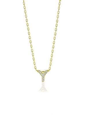 Gümüş  altın yaldızlı üç boyutlu minimal Y gümüş harf kolye