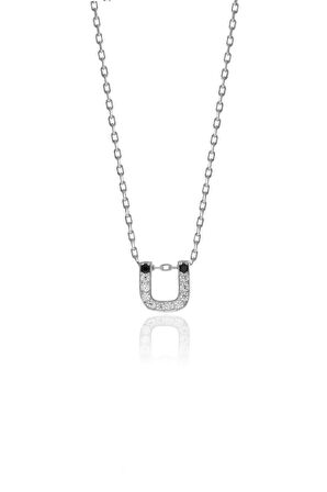 Gümüş  rodyumlu üç boyutlu minimal Ü gümüş harf kolye