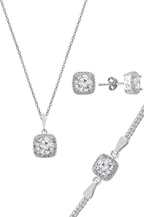 Gümüş zirkon taşlı kare pırlanta montürlü gümüş üçlü set