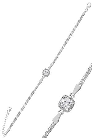 Gümüş zirkon taşlı kare pırlanta montürlü gümüş üçlü set