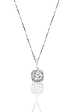 Gümüş zirkon taşlı kare pırlanta montürlü gümüş kolye