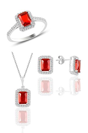 Gümüş rodyumlu kırmızı taşlı baget üçlü set