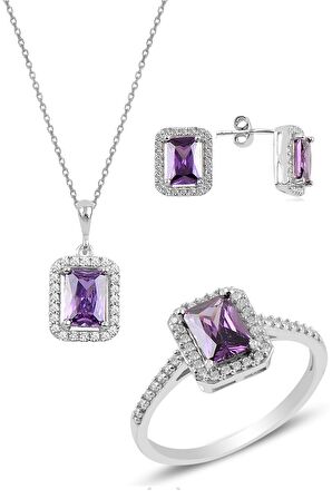 Gümüş rodyumlu ametist   baget taşlı üçlü set