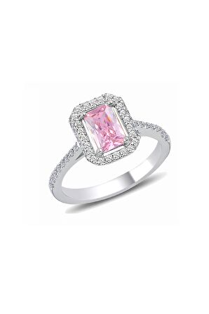Gümüş rodyumlu pembe baget taşlı üçlü set