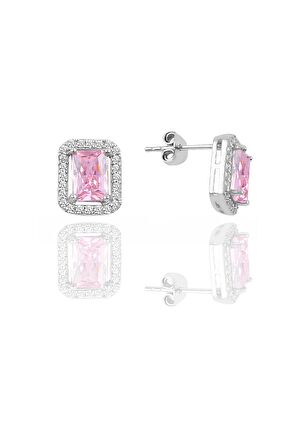 Gümüş rodyumlu pembe baget taşlı üçlü set