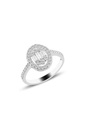 Gümüş rodyumlu oval gümüş baget taşlı üçlü set