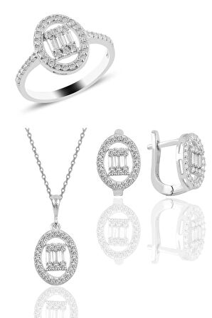 Gümüş rodyumlu oval gümüş düz baget taşlı üçlü set