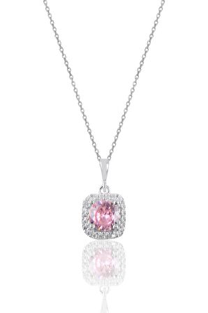 Gümüş rodyumlu pembe taşlı kare üçlü set