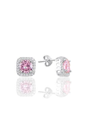 Gümüş rodyumlu pembe taşlı kare üçlü set