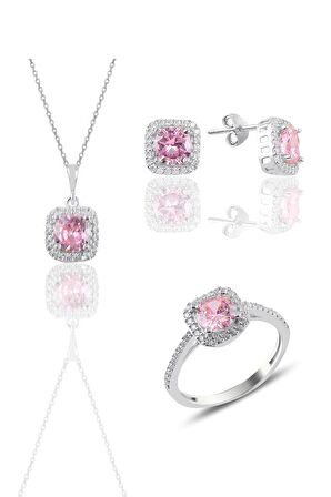 Gümüş rodyumlu pembe taşlı kare üçlü set