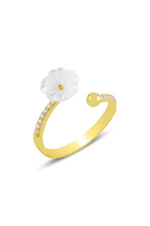 Gümüş altın  yaldızlı sedef taşlı manolya çiçeği yüzük.