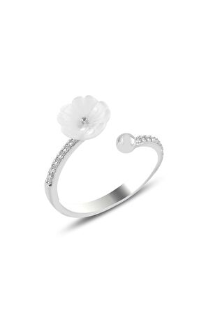 Gümüş rodyumlu  sedef taşlı manolya çiçeği yüzük.