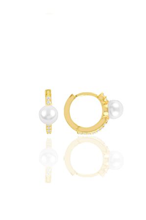 Gümüş altın yaldızlı inci ve zirkon taşlı halka küpe