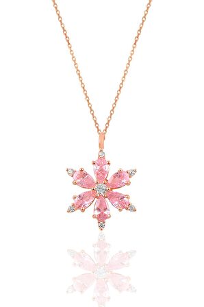 Gümüş rose pembe taşlı kar tanesi kolye