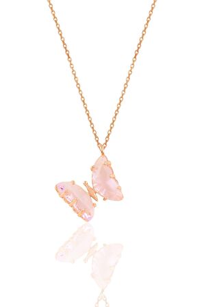 Gümüş rose pembe zirkon taşlı tasarım kelebek kolye