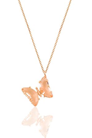 Gümüş rose somon renkte  tasarım kelebek kolye