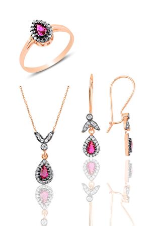 Gümüş rose kök yakut taşlı damla üçlü set 