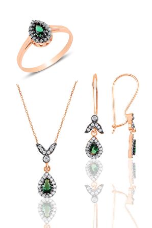 Gümüş rose kök zümrüt  taşlı damla üçlü set 