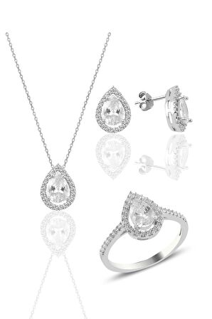 Gümüş rodyumlu zirkon taşlı damla modeli üçlü set