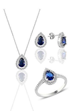 Gümüş rodyumlu safir taşlı damla modeli üçlü set