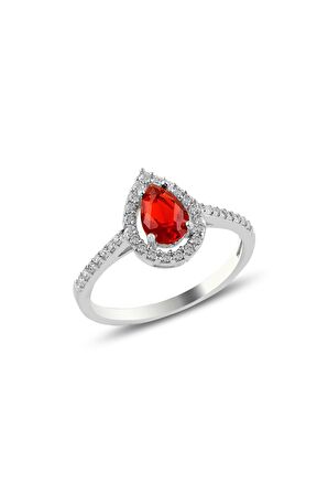 Gümüş rodyumlu kırmızı taşlı damla modeli yüzük