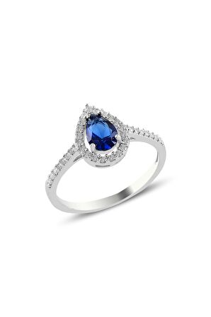 Gümüş rodyumlu safir taşlı damla modeli yüzük