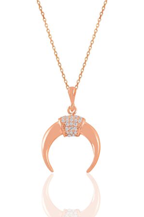 Gümüş rose zirkon taşlı ters hilal kolye 