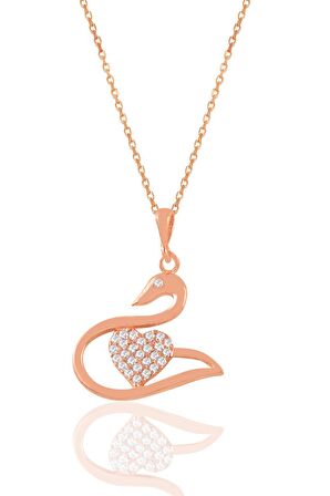 Gümüş rose zirkon taşlı kalpli kuğu kolye