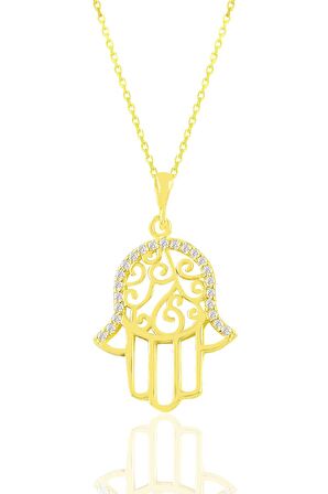 Gümüş altın yaldızlı zirkon taşlı işlemeli fatma ana eli kolye 