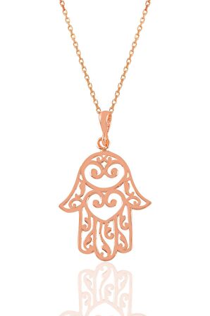 Gümüş rose kalp işlemeli fatma ana eli kolye 