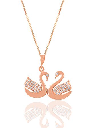 Gümüş rose zirkon taşlı çift kuğu kolye
