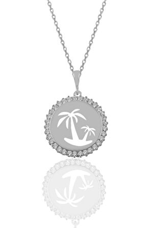 Gümüş rodyumlu zirkon taşlı adalı palmiye kolye