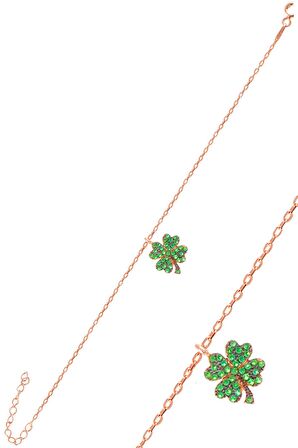 Gümüş rose yeşil taşlı yonca bileklik