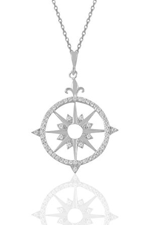 Gümüş rodyumlu zirkon taşlı kutup yıldızı pusula kolye